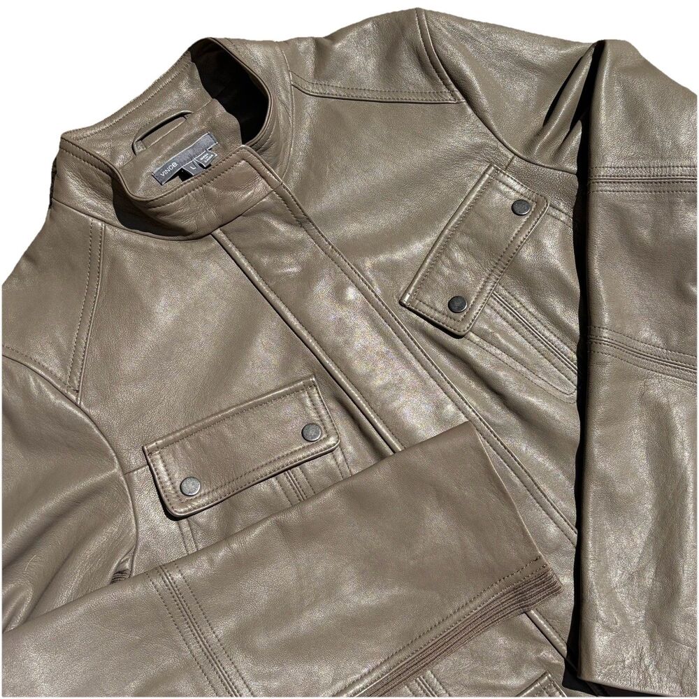 VINCE Women’s 100% Leather Cargo Zip Front Jacket Coat L Autumn Evening Luxury